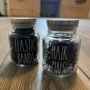 RAE DUNN Elastic Bands & Hair Pins Apothecary Jars (filled)